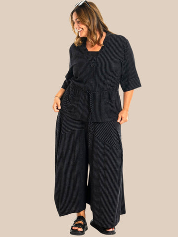 g253030 pin stribet blazer jakke med 3 /4 langt ærme bindebånd i liv plussize sæt smart mode