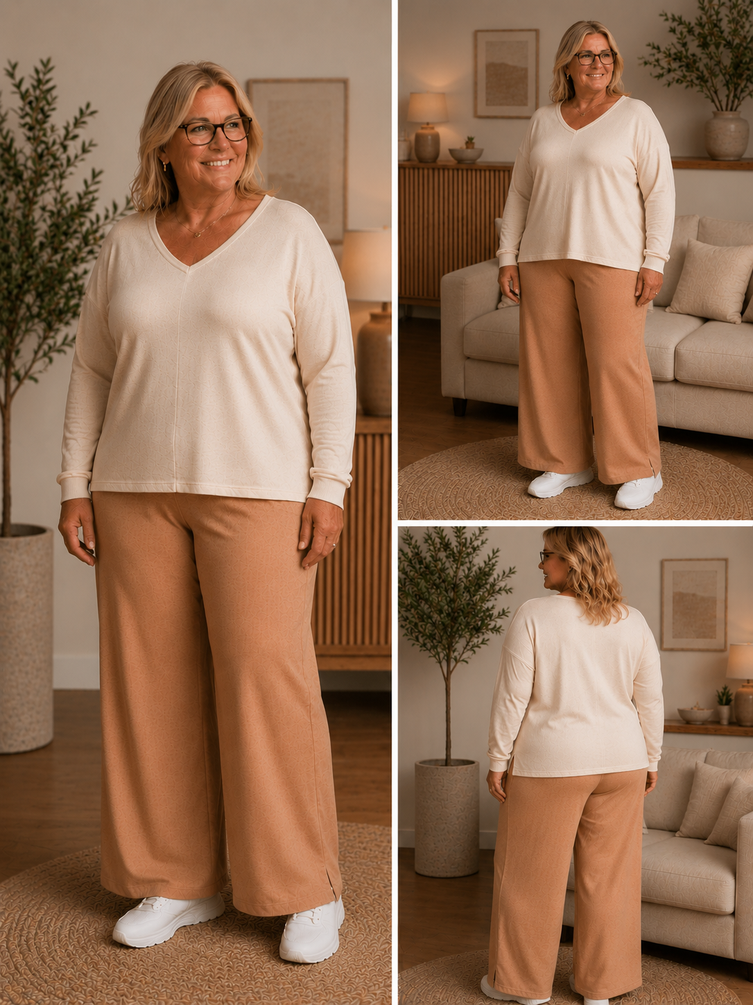 En løs buks med brede ben som har en slids forneden, der er elastik i liv og den går højt op i talje. anvendelig til så mange forskellig overdele. Perfekt til plus size kvinderne. 

Billedet er genereret vha. AI-teknologi for at vise buksen på en person. 