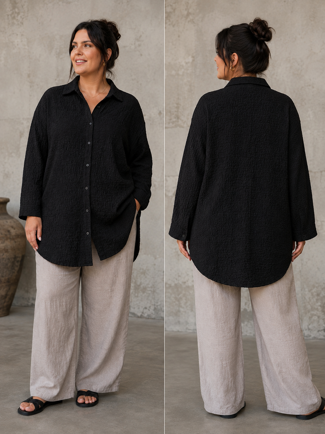 Smart skjorte med flot struktur. Den er perfekt til plus size kvinden som elsker enkle skjorter, men stadig ønsker noget anderledes. 