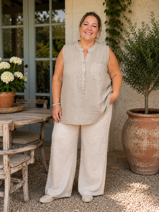 Anni plussize hør top stolpelukning med knapper ned. Den findes i 3 neutrale farver. 

Billedet her er genereret vha. AI-teknologi. 