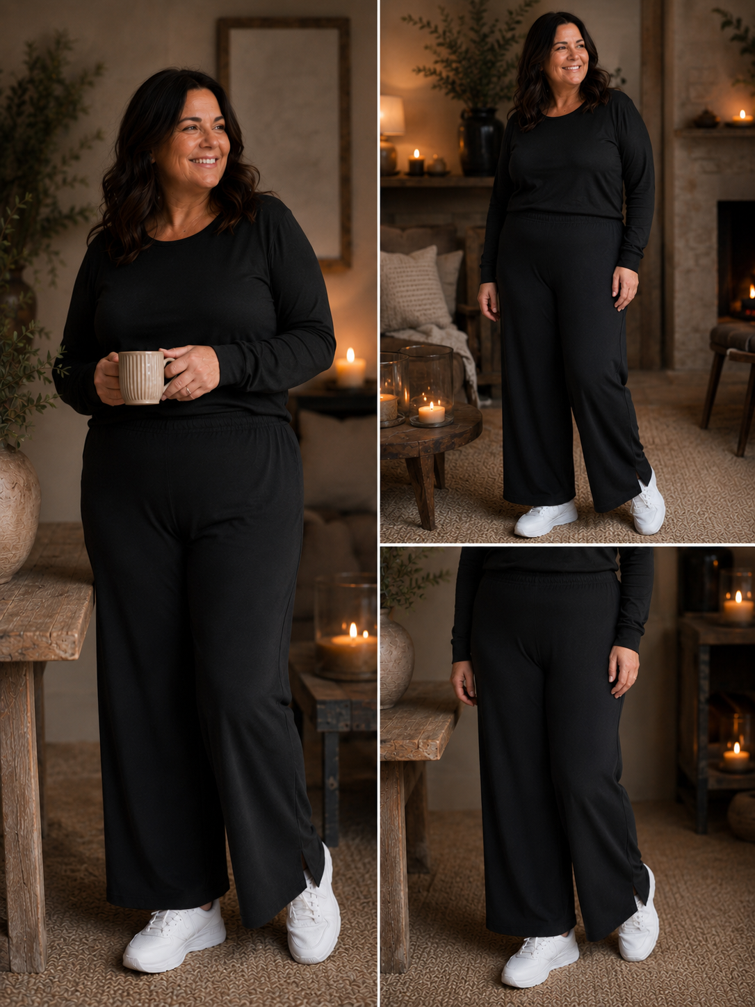 En løs buks med brede ben som har en slids forneden, der er elastik i liv og den går højt op i talje. anvendelig til så mange forskellig overdele. Perfekt til plus size kvinderne. 

Billedet er genereret vha. AI-teknologi for at vise buksen på en person. 