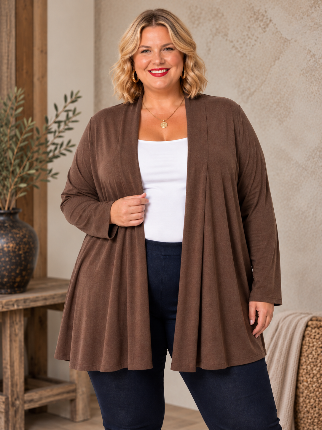 Flot basis cardigan som du vil elske at ha' på hvis du er plus size og elsker en blød cardigan med god pasform. 

Billedet er AI-genereret. 