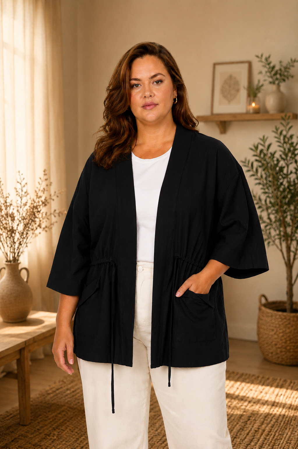 Kurvet model i størrelse 46 iført Corinna 25 kimono i sort. Kimonoen har en løs og afslappet pasform med brede ¾-ærmer og justerbar taljesnøre bagpå. Modellen er fotograferet bagfra i et lyst og hyggeligt interiør med varme naturtoner, træmøbler og grønne planter. Stylet med hvide, vide bukser og sandaler.