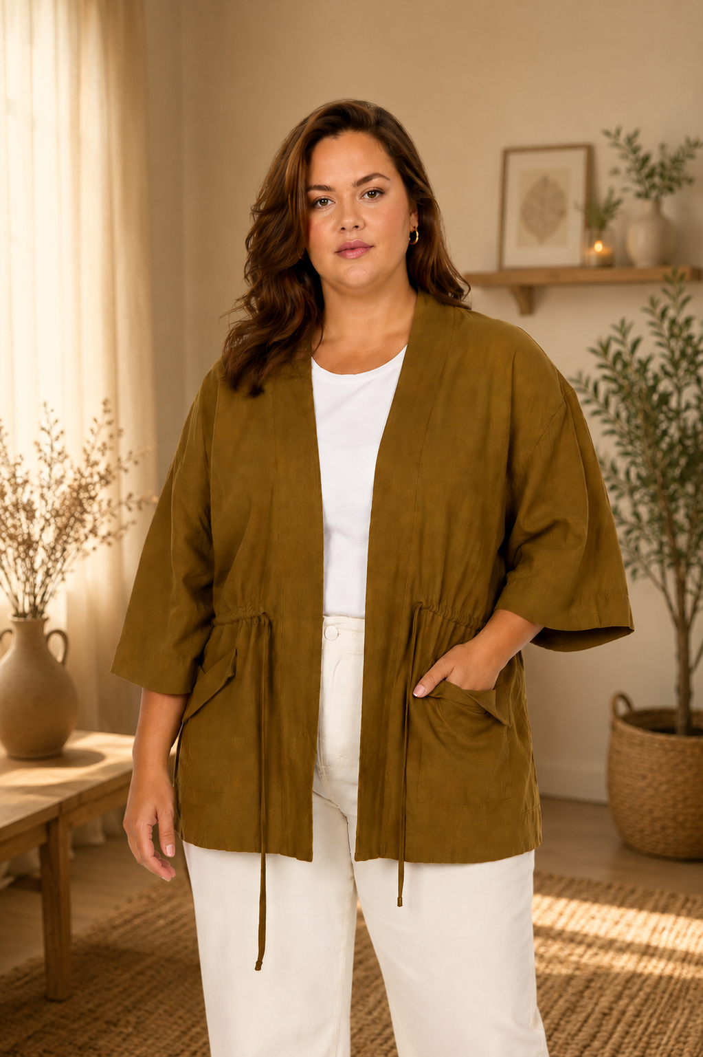 Kurvet model i størrelse 46 iført Corinna 25 kimono i sort. Kimonoen har en løs og afslappet pasform med brede ¾-ærmer og justerbar taljesnøre bagpå. Modellen er fotograferet bagfra i et lyst og hyggeligt interiør med varme naturtoner, træmøbler og grønne planter. Stylet med hvide, vide bukser og sandaler.