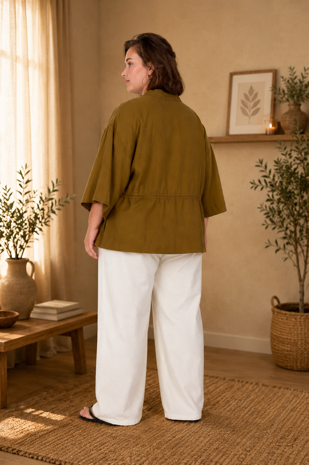 Kurvet model i størrelse 46 iført Corinna 25 kimono i sort. Kimonoen har en løs og afslappet pasform med brede ¾-ærmer og justerbar taljesnøre bagpå. Modellen er fotograferet bagfra i et lyst og hyggeligt interiør med varme naturtoner, træmøbler og grønne planter. Stylet med hvide, vide bukser og sandaler.