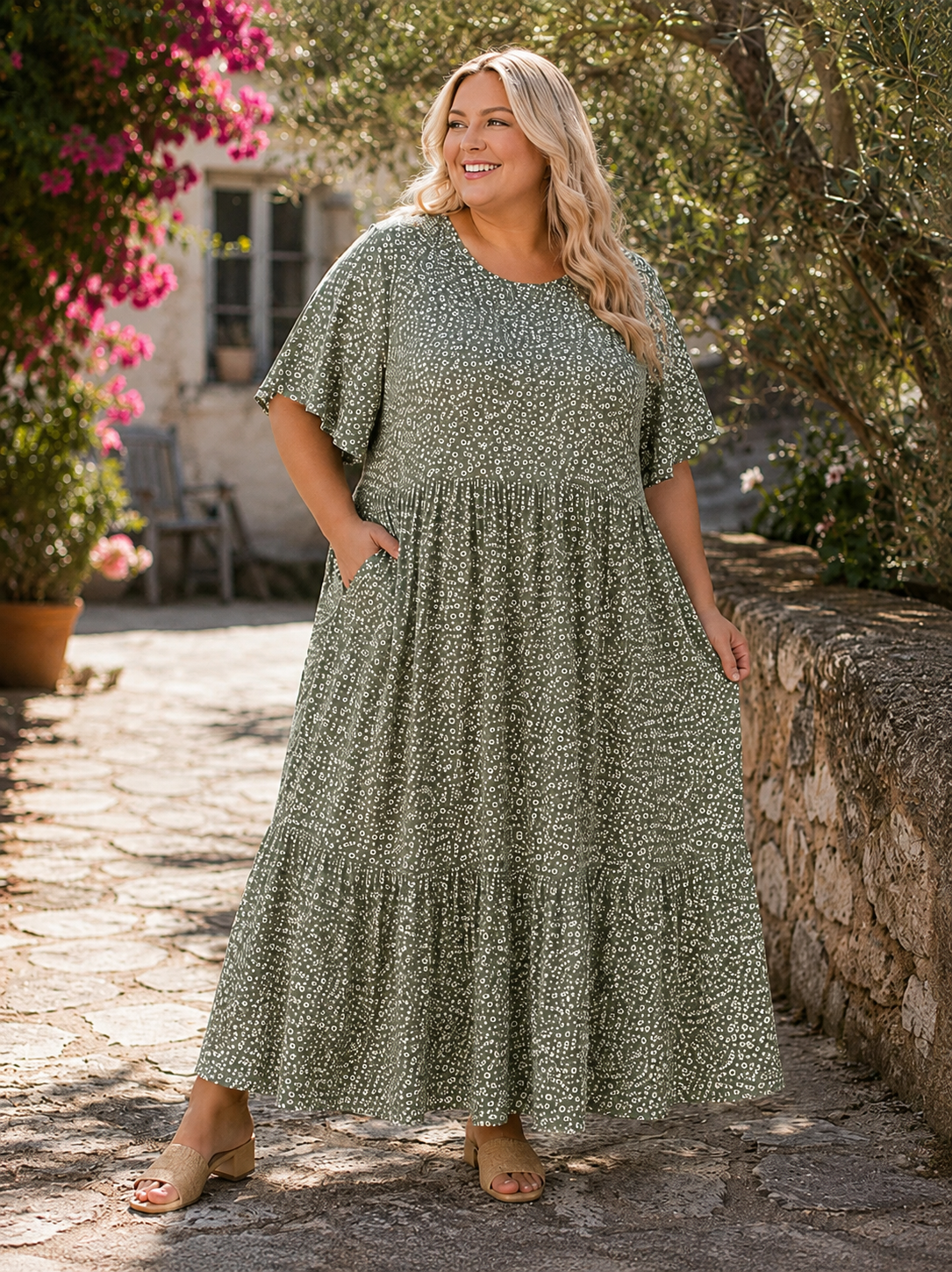 Denne smukke kjole er samme gode facon som vores Lolli kjole. Denne model er bare med blomster-print i stedet. 

Billedet er AI-genereret for at vise kjolen på et menneske.