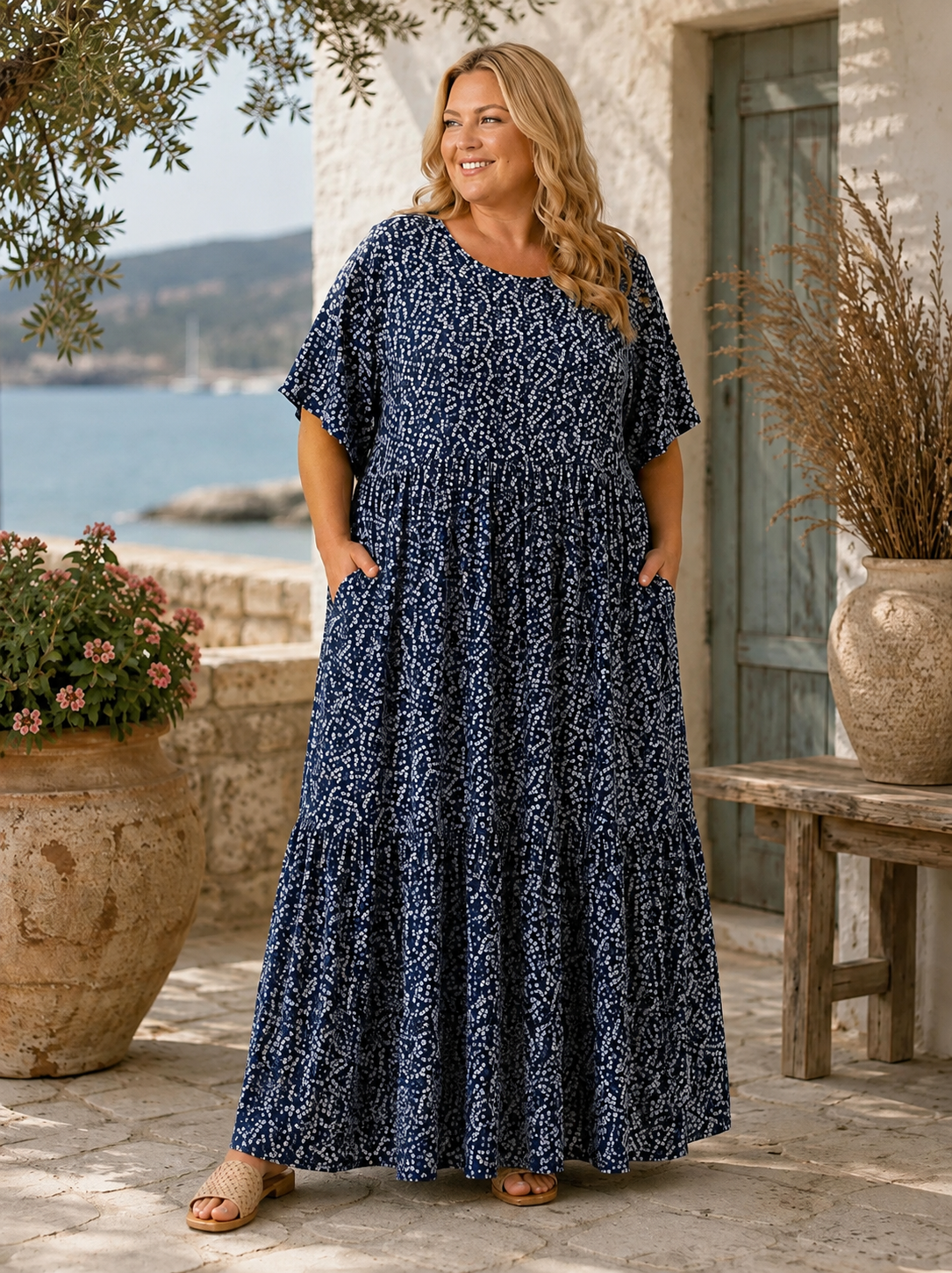 Denne smukke kjole er samme gode facon som vores Lolli kjole. Denne model er bare med blomster-print i stedet. 

Billedet er AI-genereret for at vise kjolen på et menneske.