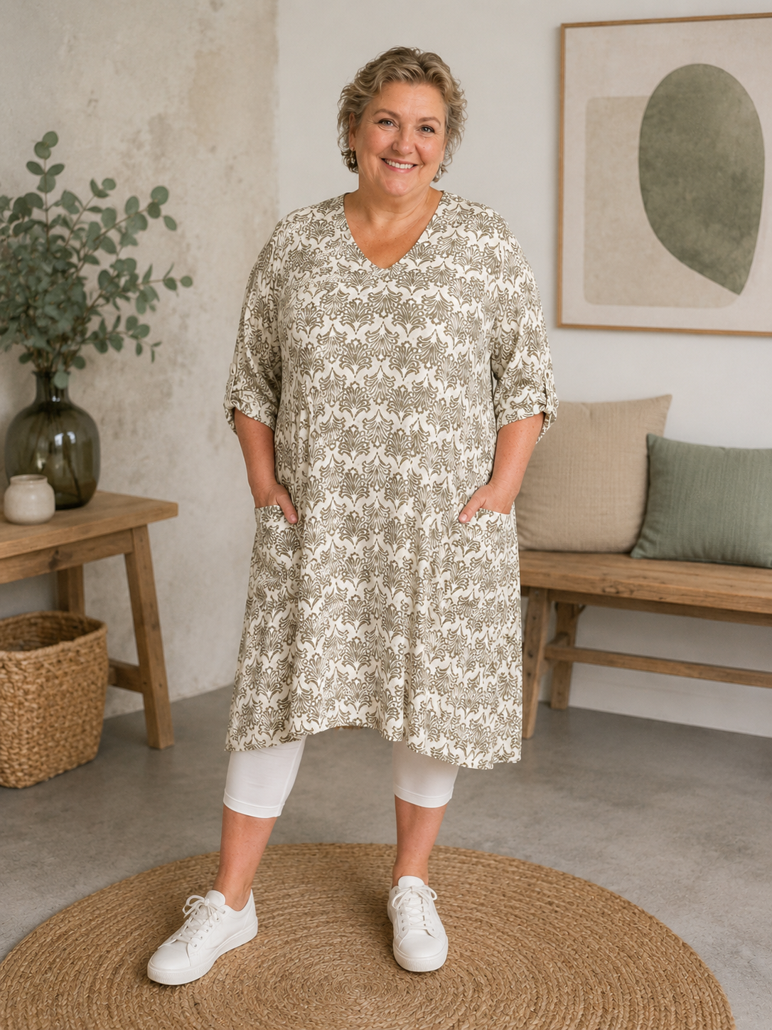 Smart tunika som også kan bruges som kjole alt efter hvor høj du er. Denne facon er rigtig god til plus size kvinden. 

Billedet er genereret vha. AI-teknologi for at vise hvordan produktet sidder på en person.