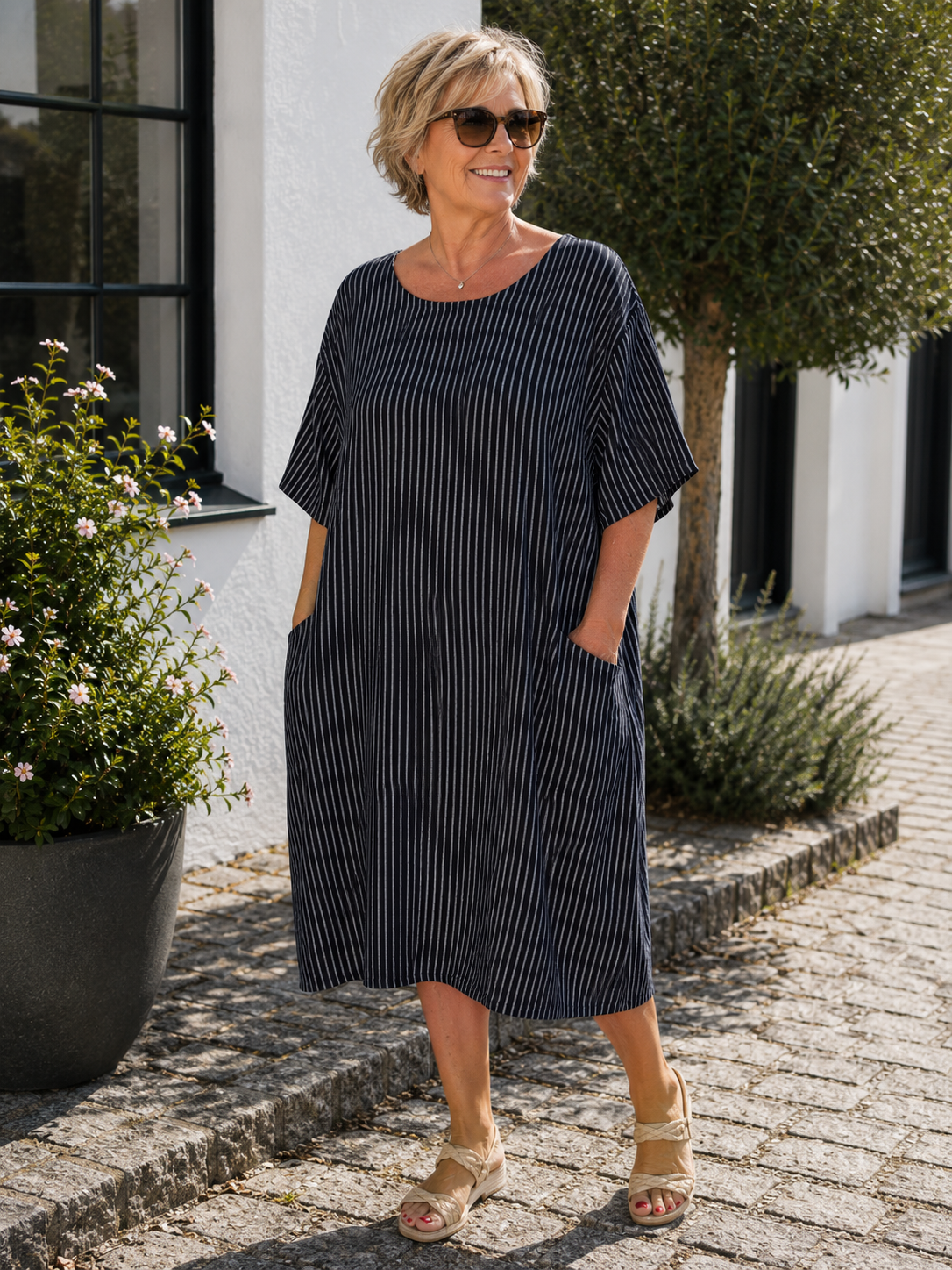 AI-genereret billede af Inga plussize bomuldskjole med klassiske striber, rund hals, korte ærmer og praktiske sidelommer. Kjolen vises på en plus-size model og er fremstillet i let bomuld.