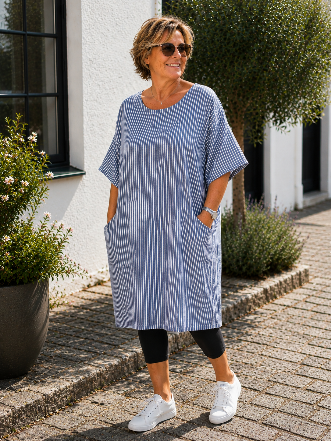 AI-genereret billede af Inga plussize bomuldskjole med klassiske striber, rund hals, korte ærmer og praktiske sidelommer. Kjolen vises på en plus-size model og er fremstillet i let bomuld.