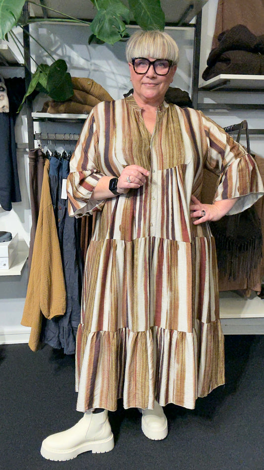 Lækker plus size kjole, perfekt til fester eller også bare hverdagsbrug. Den er i en god a-facon, med 7/8 dels ærmer der har trompeteffekt og v-hals med stolpelukning. Den findes i to farver hhv. brun og sort