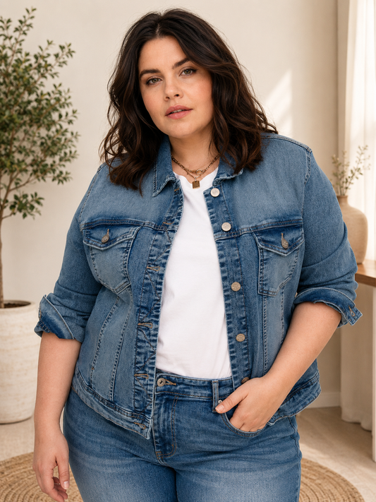 Plus size jeans jakke med masser af stræk. Den er fra Only Carmakoma og går fra en str. 42 til str. 54.

Baggrunden på billedet er generet vha. AI teknologi.