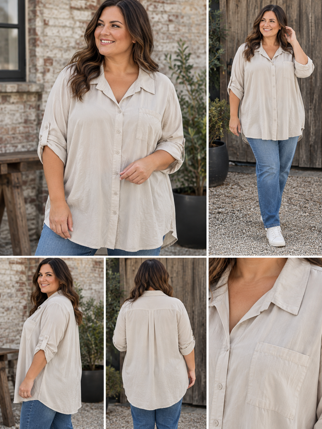 Lækker og kraftig skjorte i en blød tencel-kvalitet. Skjorten er lavet med omtanke for plus size kroppen, og er derfor god til de fleste plus size kvinder. Den er gennemknappet og kan bruges både åben og lukket. Der er elevatorhejs, så man selv kan bestemme længde på ærmet. 

Billedet er genereret vha. AI-teknologi. 