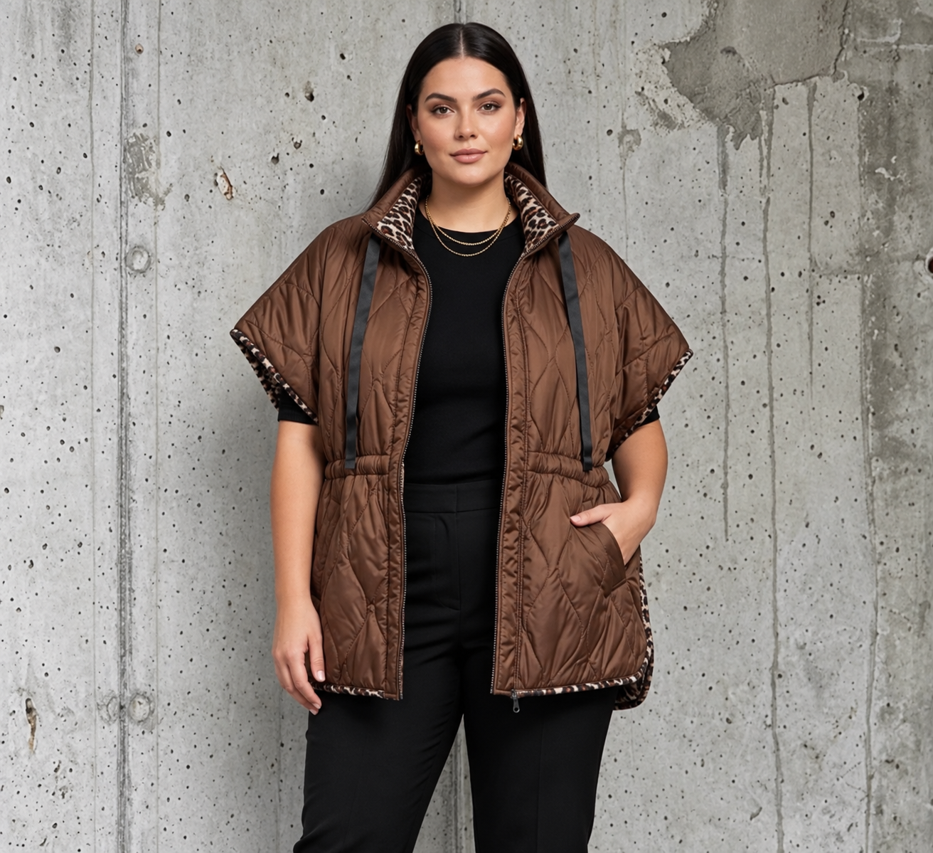 Leona quiltvest i beige til plus size med høj krave, leoparddetaljer, lynlås og lommer. Vist på model i str. 48.