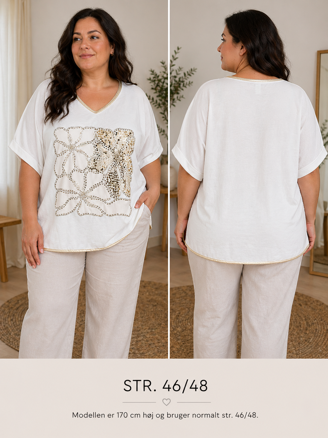 Lama t-shirt i blød, let kvalitet med V-udskæring og fine gulddetaljer langs hals og kant. T-shirten har et dekorativt blomsterprint foran med perler og palietter, som giver et elegant og feminint udtryk. Løs og komfortabel pasform med korte ærmer.
