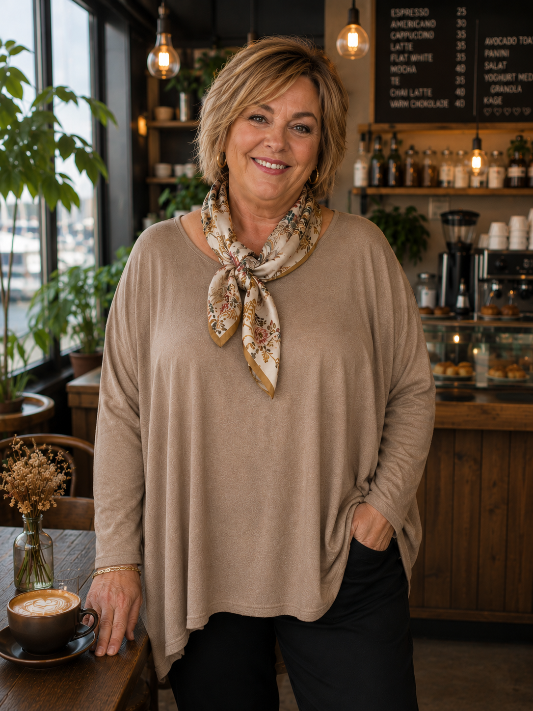 
Ebba plus size strik i Latte fra Sigensgaard. Blød, oversized strik med afslappet pasform, lange ærmer og komfortabel kvalitet. Findes i mange farver. Produktbilledet er AI-genereret til inspirationsformål.