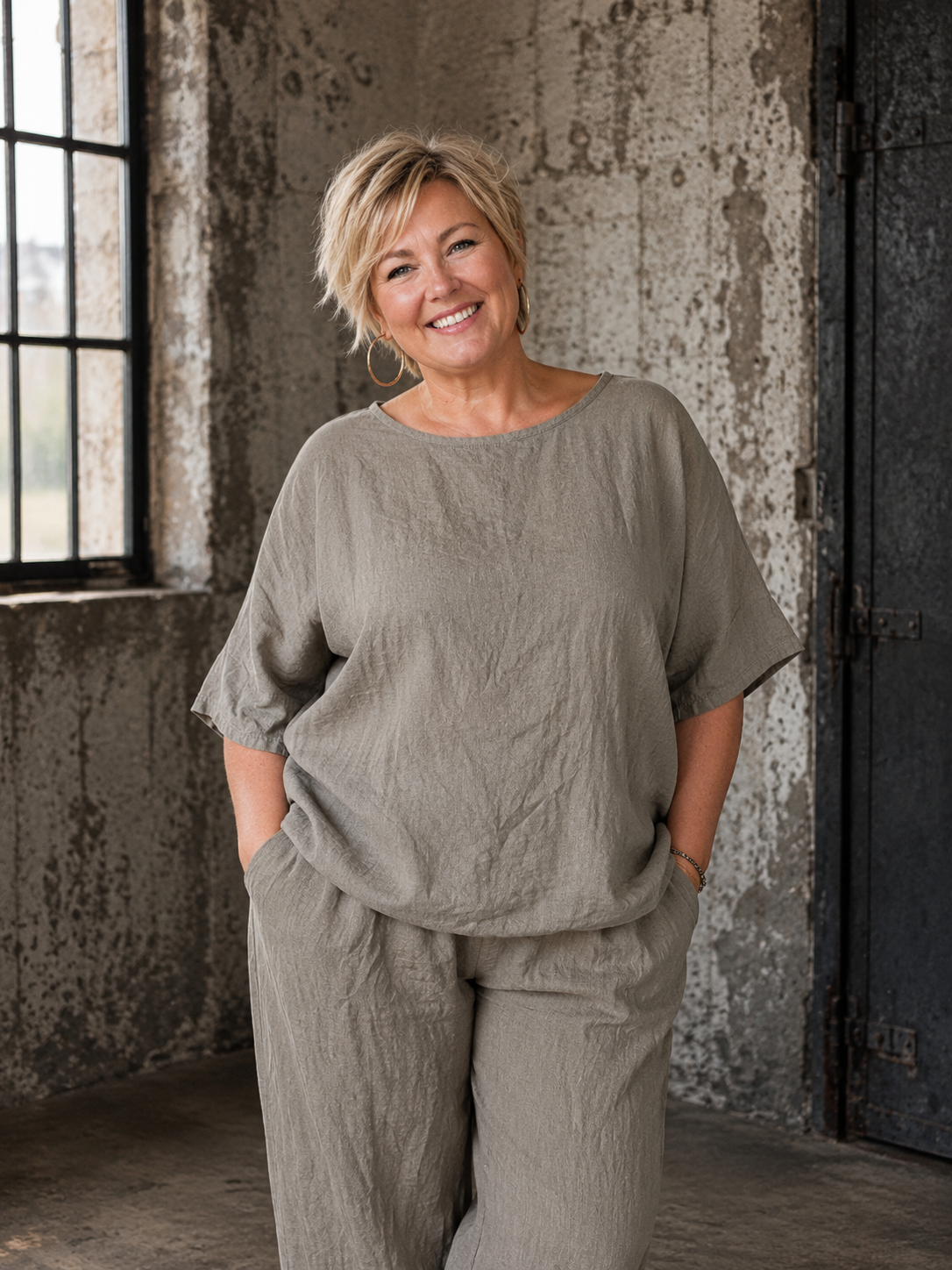 **AI-genereret inspirationsbillede af Linda hør tunika. Tunikaen har en løs og rummelig pasform med rund hals, korte ærmer og et flot, enkelt design i 100 % hør. Stylet med jeans på en plus-size model i et råt industrilokale. Fås i mange farver.