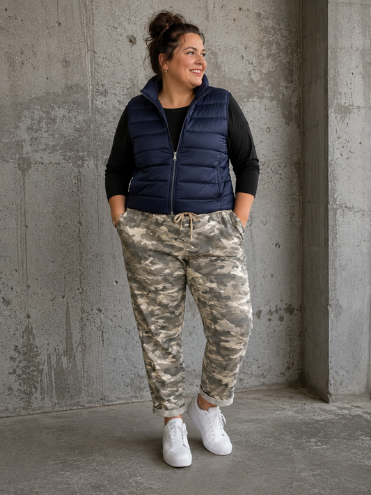 Den populære Lotte buks, nu med mere plads op over mave og numse. Den er til dig som fylder godt opover og gerne vil ha' lidt ekstra plads til dine lår.

Buksen er perfekt til plus size kvinden som elsker en camouflage buks med en god mængde stræk. 

Billedet er genereret vha. AI-teknologi for at vise buksen på en 