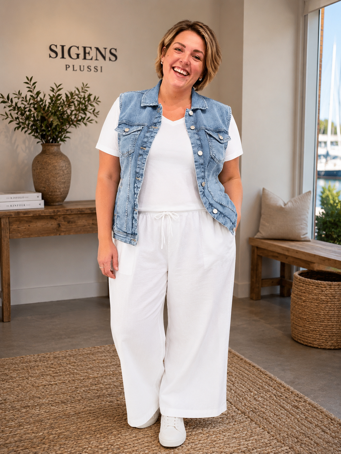 Only Carmakoma jeansvest i klassisk lyseblå denim med flot, figursyet pasform. Vesten har klassisk krave, knaplukning foran og brystlommer med knapper, som giver et moderne og råt udtryk. Den er perfekt over kjoler, T-shirts, tunikaer og bluser og tilfører ethvert outfit et smart lag-på-lag look. En alsidig plus size jeansvest, der er nem at style til både hverdag og fest. billed er ai generet