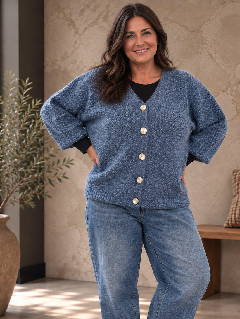 Lækker og blød strik perfekt til efteråret. Den er god til plus size kvinden som elsker noget afslappet men smart. Den er perfekt til dine lag-på-lag looks. 

Billedet er delvist AI-genereret. 