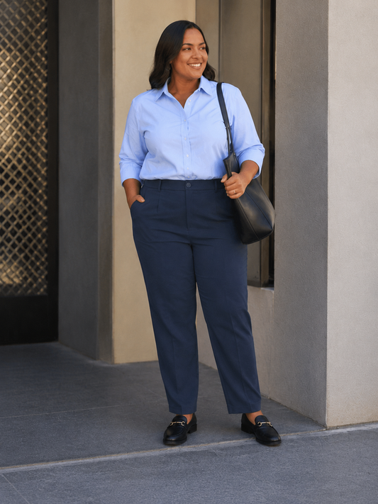 Plus size stumpebuks, som sidder fantastisk. Den går højt op i livet, og er 7/8 del lang. Har knap og lynlås foran, samt et elastik-stykke bagpå, som gør at bukserne sidder pænt til i livet. 

Billedet er genereret vha. AI.