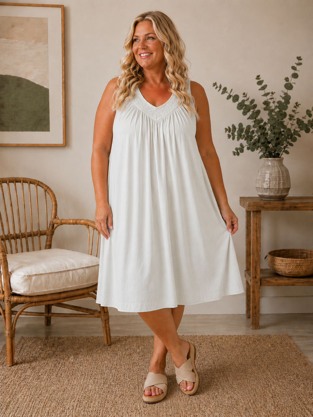 En let og luftig plus size sommerkjole. Den er med strik-kvalitet foroven. Kjolen har en god længde, hvor den går til omkring knæet på de fleste. 

Billedet er genereret vha. AI for at vise kjolen på en person.