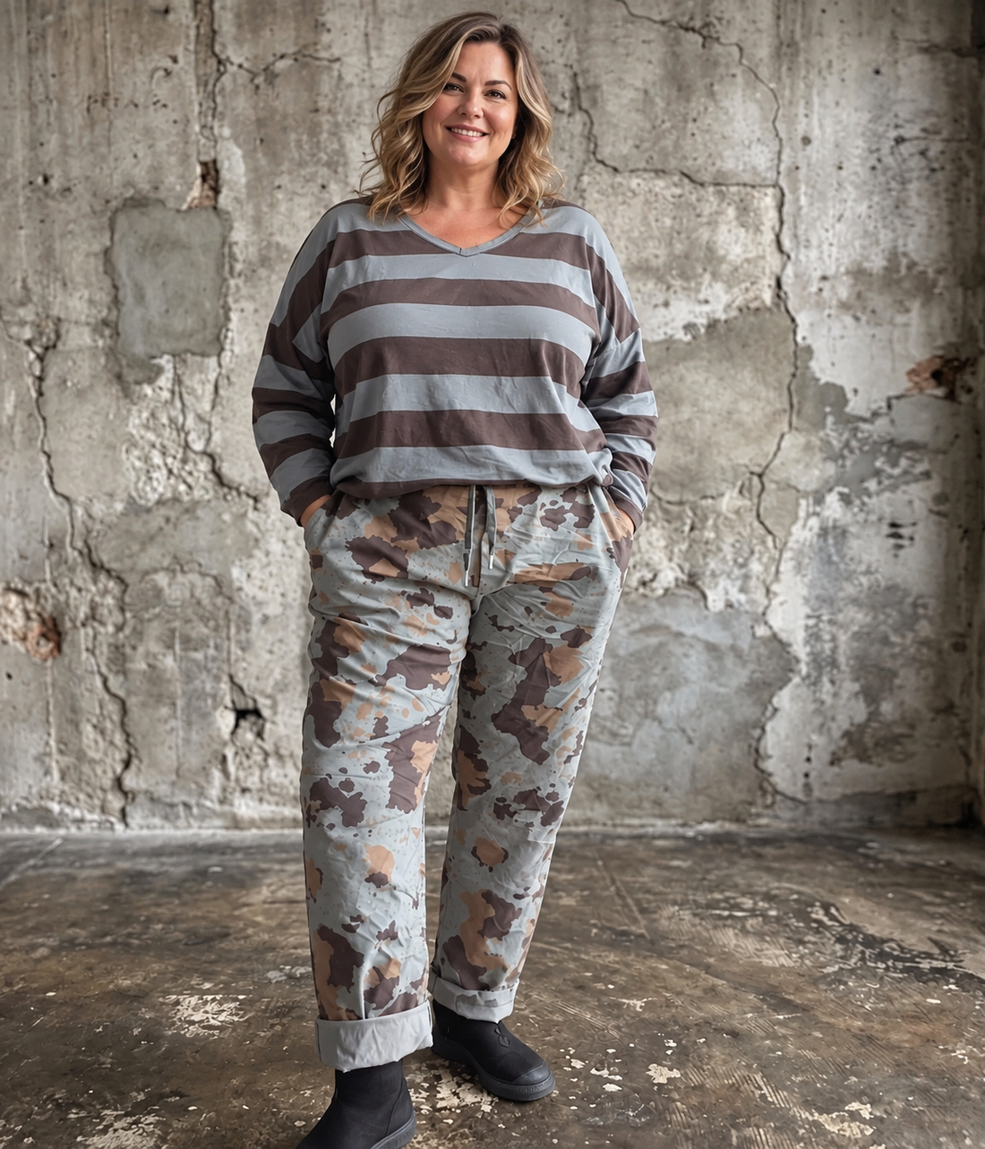 Dejlig basis t-shirt med striber. Den er i en lækker tynd kvalitet, som er perfekt til plus size kvinden som let får det varmt. Dette er en t-shirt du vil kunne bruge året rundt. 