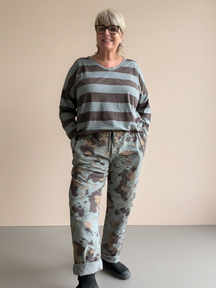 Dejlig basis t-shirt med striber. Den er i en lækker tynd kvalitet, som er perfekt til plus size kvinden som let får det varmt. Dette er en t-shirt du vil kunne bruge året rundt. 
