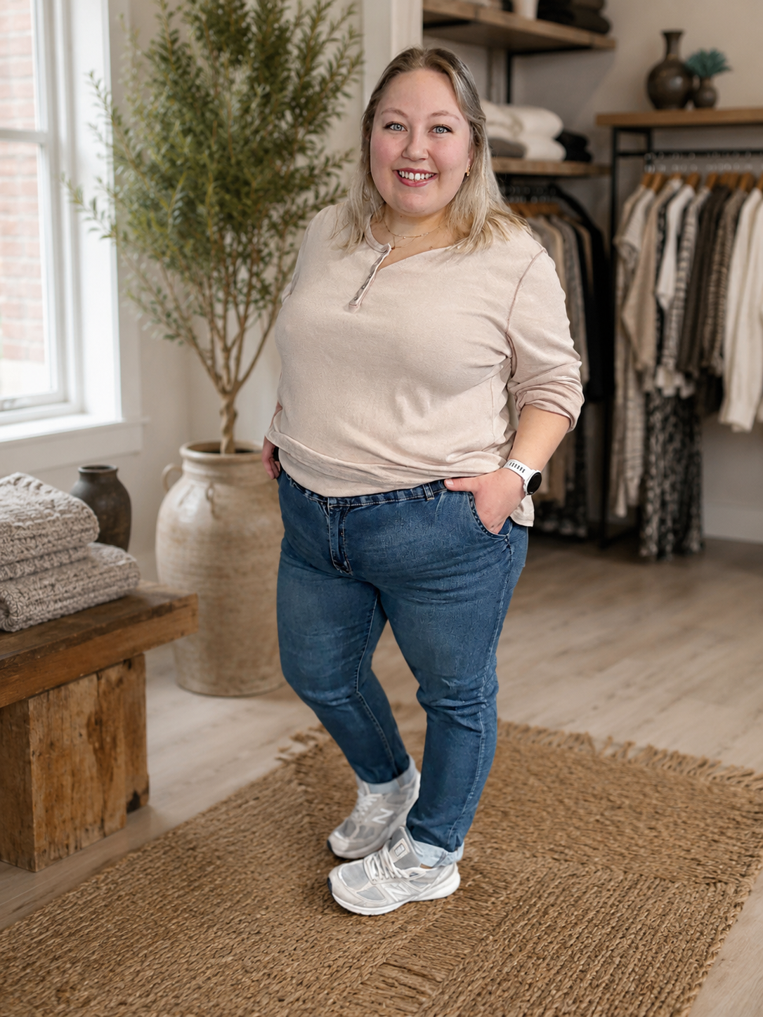 ## Nala Plussize Jeans

### Kort produktbeskrivelse

Nala Jeans er en super komfortabel plussize jeans i blød og let denim med masser af stræk. Den elastiske linning giver en fantastisk pasform, mens knap- og lynlåslukningen sikrer det klassiske jeans-look. En perfekt jeans til dig, der ønsker komfort uden at gå på kompromis med stilen.

---

## Produktbeskrivelse

Leder du efter en jeans, der både er smart, behagelig og skabt til kvindelige former? Så er **Nala Jeans** et oplagt valg.

Jeansen er fremstill
