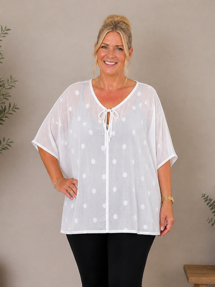 Den lækre plus size tunika i 100% bomuld. Den er smart med prikkerne og snøre ved halsen. 

Billedet er genereret vha. AI.