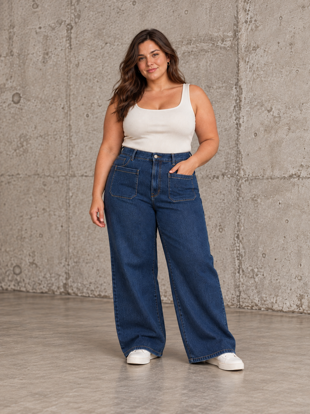 **Alt-tekst:** Carmadison plus size jeans i mørk blå denim med høj talje, brede ben og store frontlommer.

