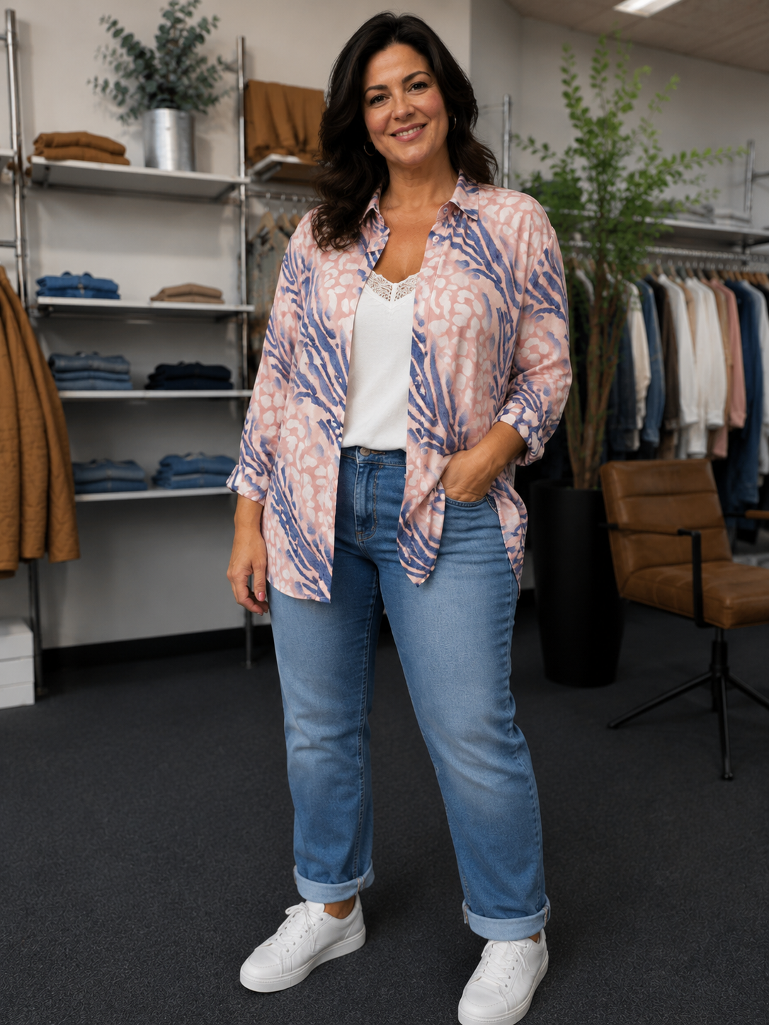 **Alt-tekst – Rosa viskose bluse**

AI-genereret produktbillede af Rosa viskose bluse i camel og blå print. Blusen vises på en plus size-model udendørs og er stylet med en brun top, blå jeans og hvide sneakers. Den lette viskosekvalitet giver et flot fald, og blusen har gennemknapning, krave og lange ærmer, som kan smøges op. Perfekt som let skjorte eller åben overskjorte.
