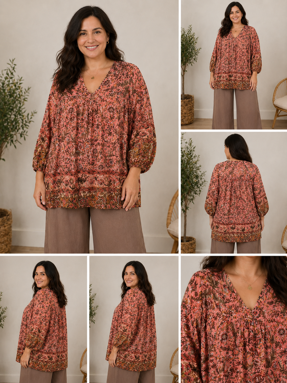 tunika str 42/44, plus size tunika dame, rød tunika med print, boheme tunika, løs tunika store størrelser.