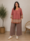 tunika str 42/44, plus size tunika dame, rød tunika med print, boheme tunika, løs tunika store størrelser