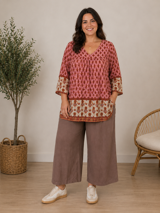 tunika str 42/44, plus size tunika dame, rød tunika med print, boheme tunika, løs tunika store størrelser