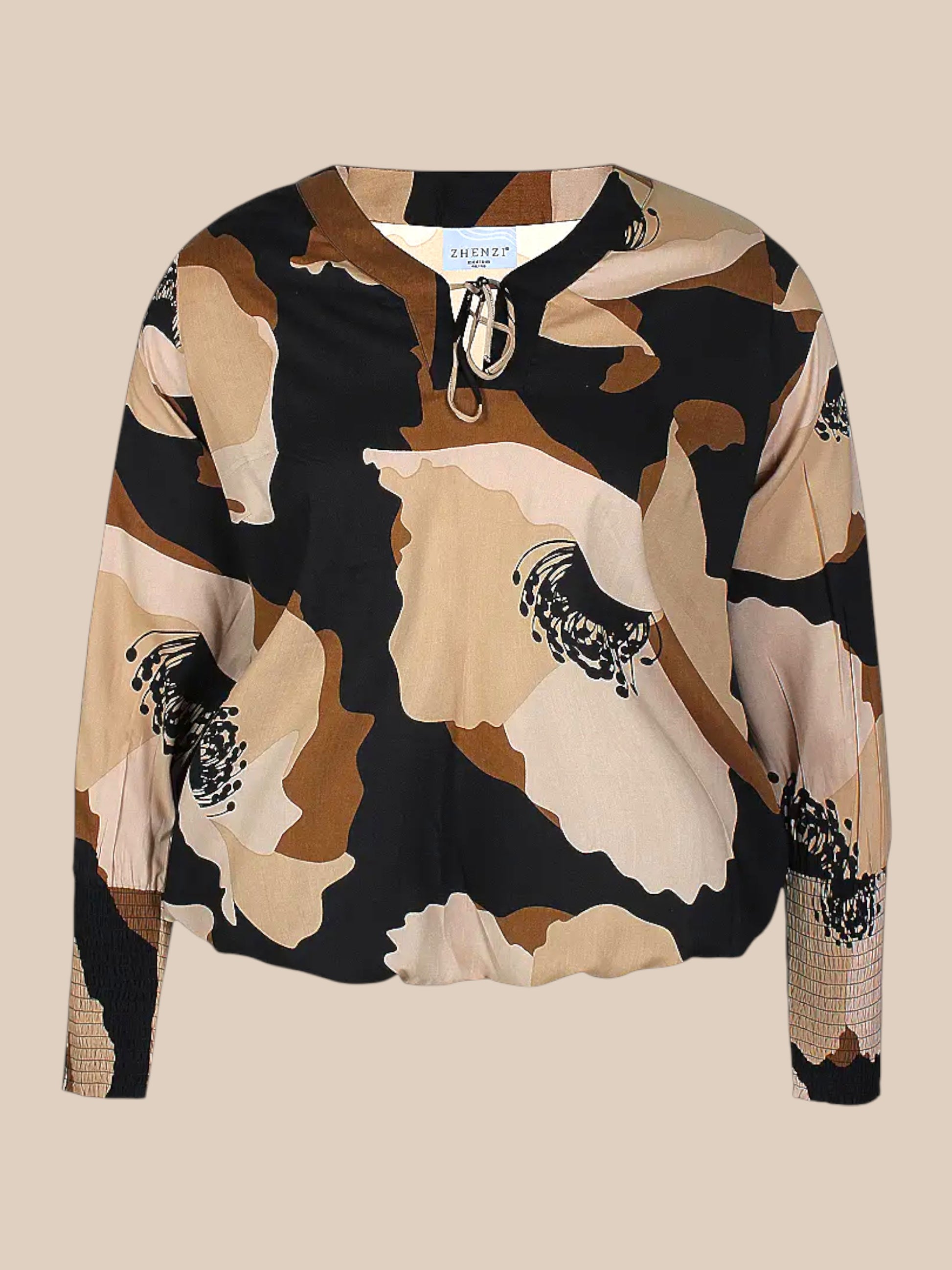 Plussize bluse fra Zhenzi som er det  mærke med de gode faconer, i bordeaux og brun flot print og flotte farver hverag eller fest den kan begge dele.
