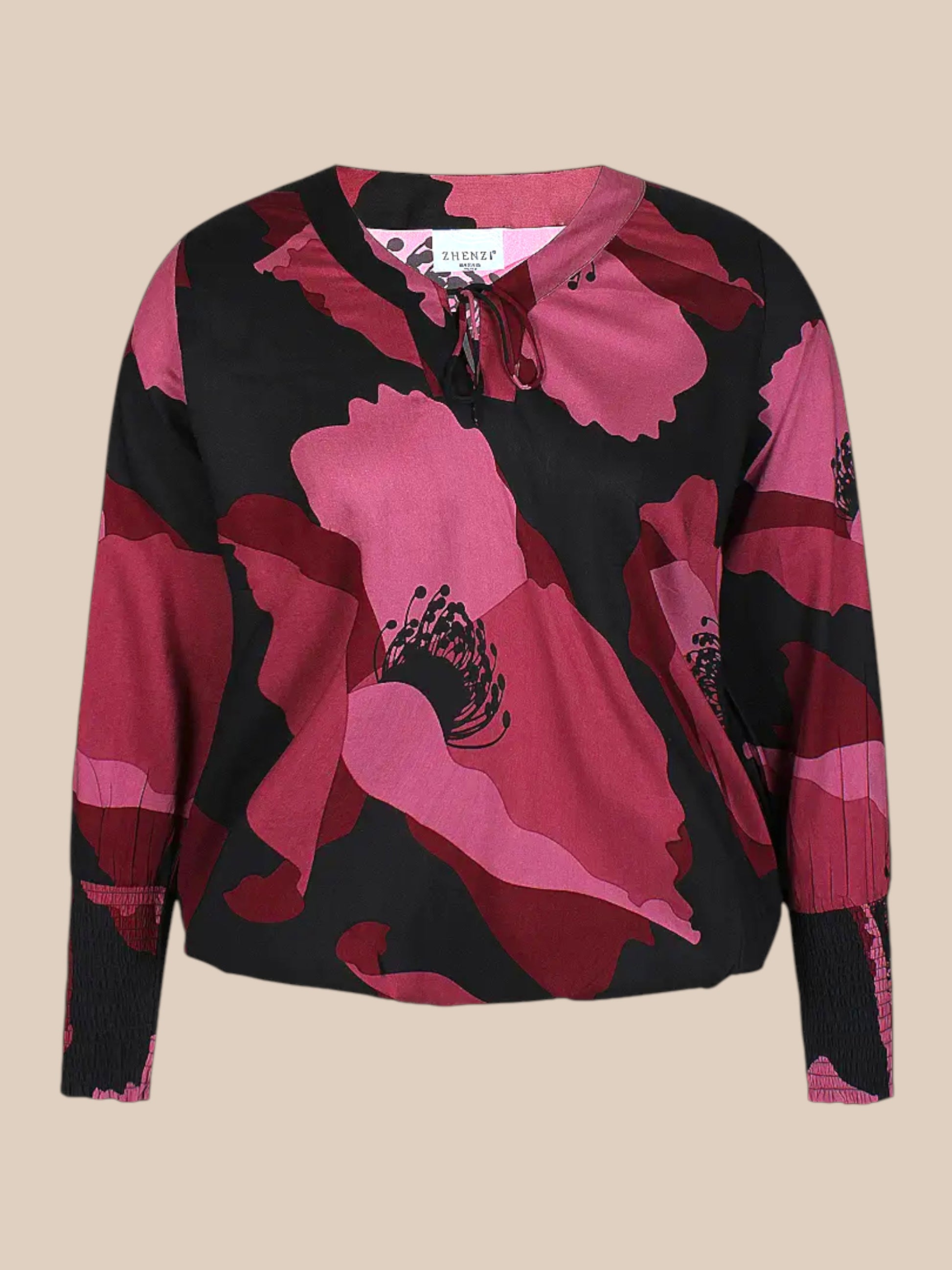 Plussize bluse fra Zhenzi som er det  mærke med de gode faconer, i bordeaux og brun flot print og flotte farver hverag eller fest den kan begge dele.