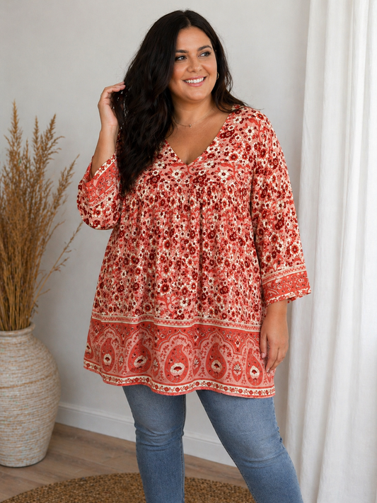 tunika str 42/44, plus size tunika dame, rød tunika med print, boheme tunika, løs tunika store størrelser