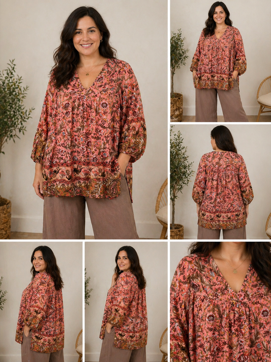 tunika str 42/44, plus size tunika dame, rød tunika med print, boheme tunika, løs tunika store størrelser