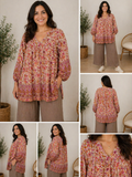 tunika str 42/44, plus size tunika dame, rød tunika med print, boheme tunika, løs tunika store størrelser