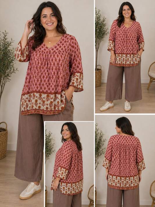 tunika str 42/44, plus size tunika dame, rød tunika med print, boheme tunika, løs tunika store størrelser