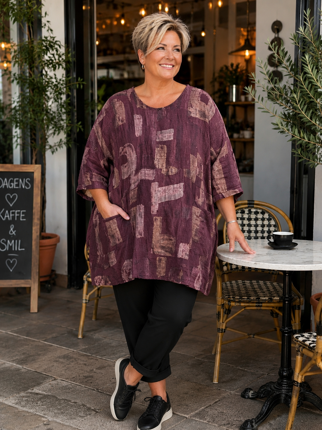 AI-genereret billede af Sille plussize bomuldstunika i let vævet bomuld med grafisk print, rund hals og lommer. Tunikaen vises på en plus-size model og fås i flere farver.