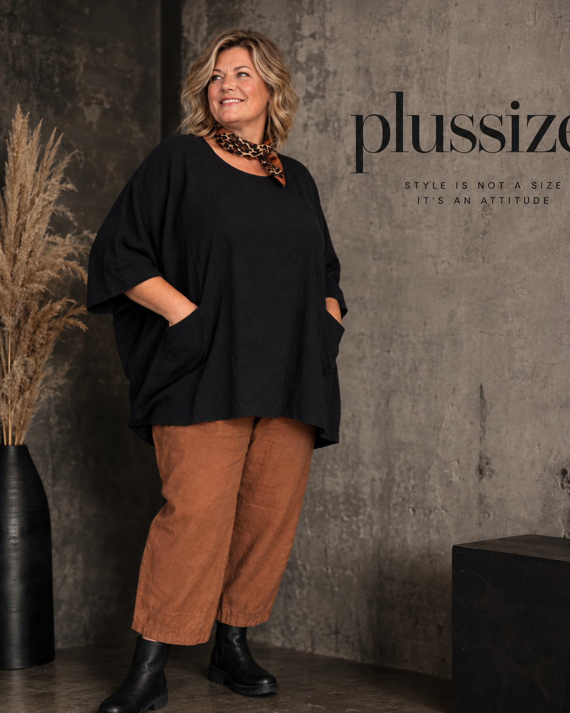Susanne plussize bomuldstunika (AI-genereret billede)

AI-genereret billede af en smilende plus-size model iført Susanne bomuldstunika i mørk brun. Tunikaen har en løs, oversize pasform med rund hals, korte brede ærmer og store påsyede lommer foran. Den er stylet med rustfarvede bukser og komfortable sko i et råt industrielt miljø, som fremhæver tunikaens afslappede og moderne udtryk. Ideel til kvinder, der ønsker komfort, bevægelsesfrihed og et stilfuldt hverdagslook.