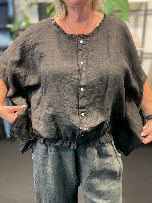 Smart hør bluse som har nogle fine detaljer der gør den lidt mere feminin. Den er til plus pigen mellem str. 42 og 48.