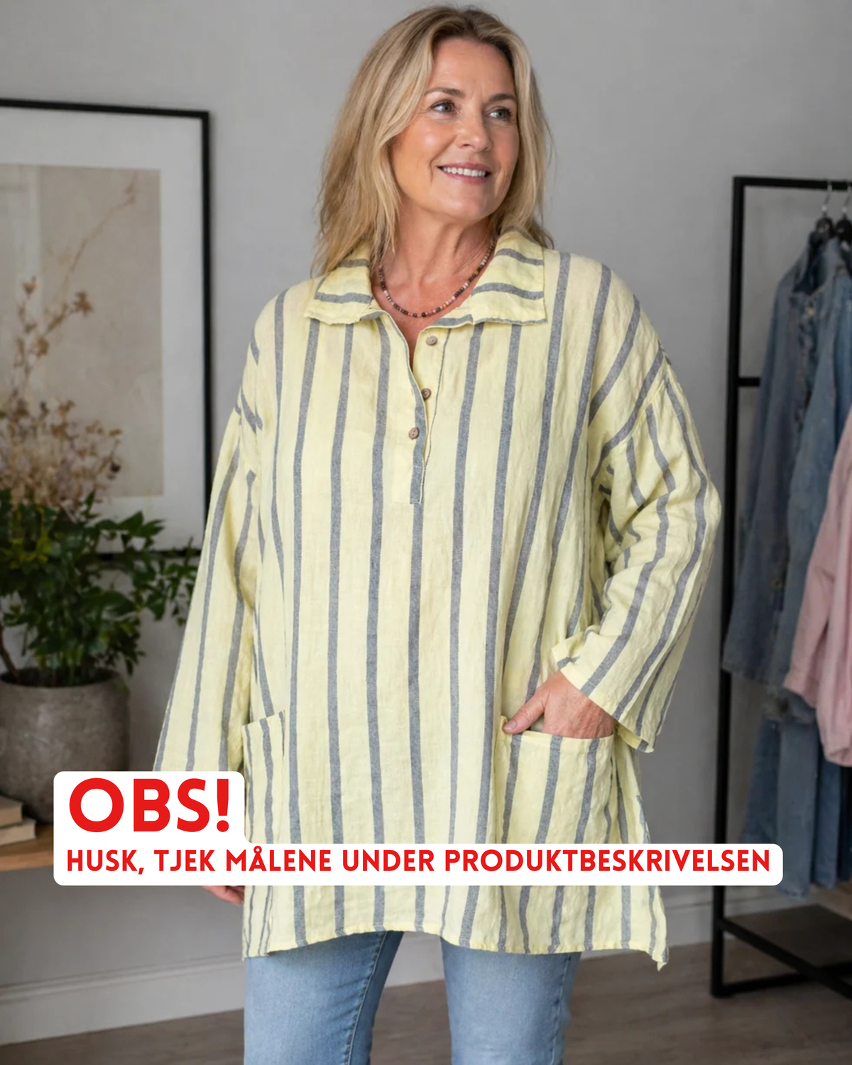 Luftig og komfortabel Ulla hørtunika designet til pluspiger. Tunikaen er fremstillet i let og åndbart hørmateriale, der gør den ideel til varme dage. Den har en løs, flatterende pasform, 3/4 del langt ærme med elevator hejs, stilren silhuet, som giver god bevægelsesfrihed. Perfekt til både hverdag og afslappede sommeranledninger. Kan styles med leggings eller bukser for et afslappet og moderne look. blled er Ai generet