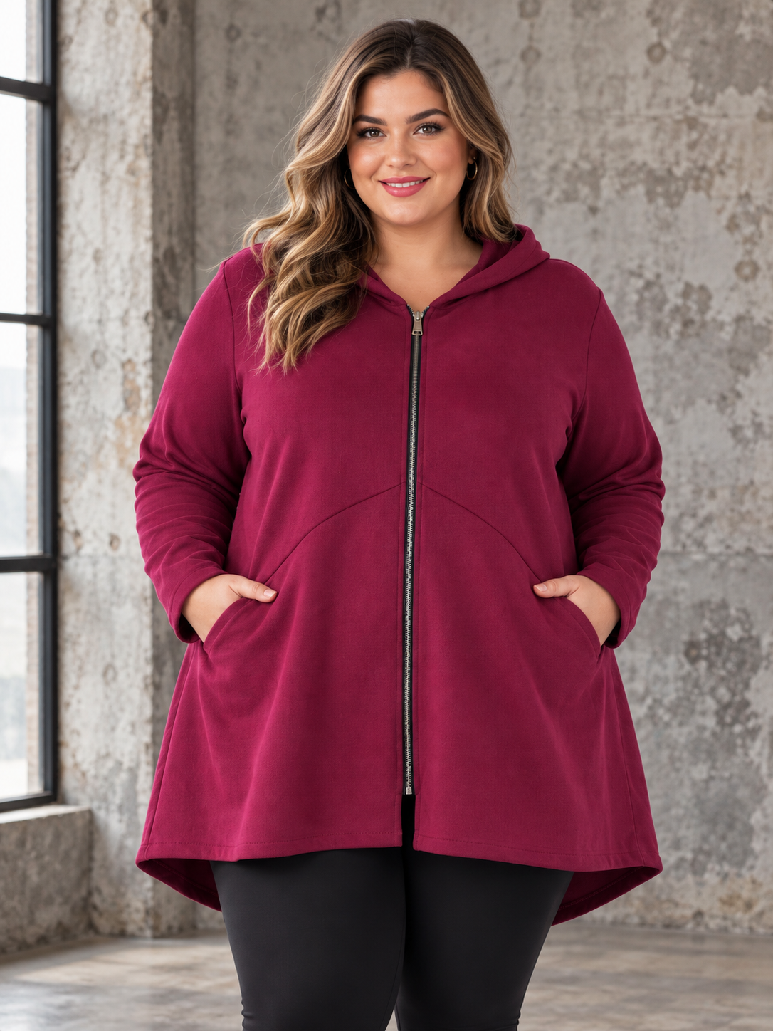 Imiteret Ruskind Jørgen A-facon plus size jakke med hætte, lynlås og lommer – vist på kurvet model. Billede er Ai generet 