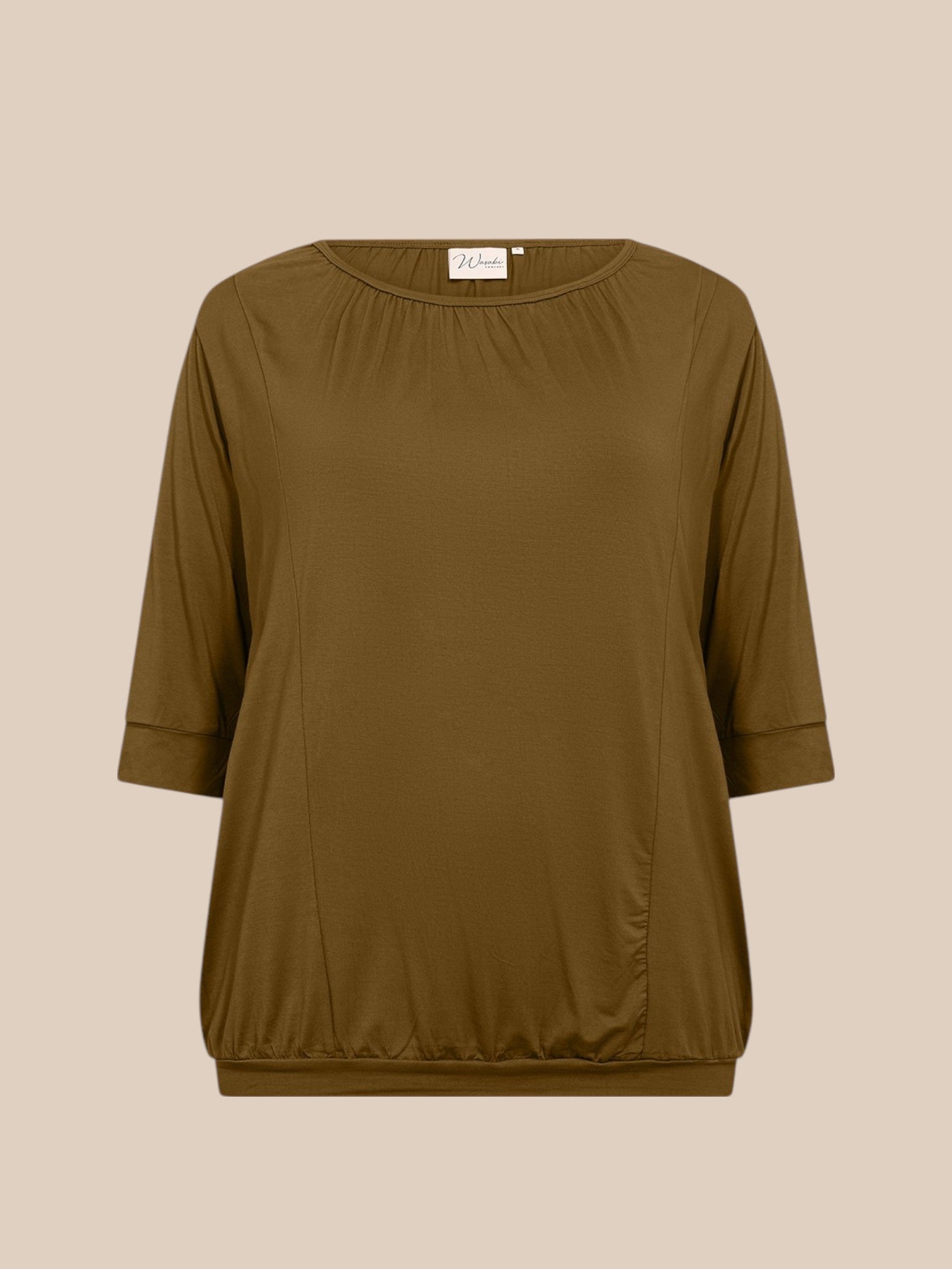 Basis t-shirten med den gode pasform, 3/4 ærmer og bund, så blusen får den kendte "ballon-effekt", der mange gange er smart til os plus piger. Den er med rund hals.