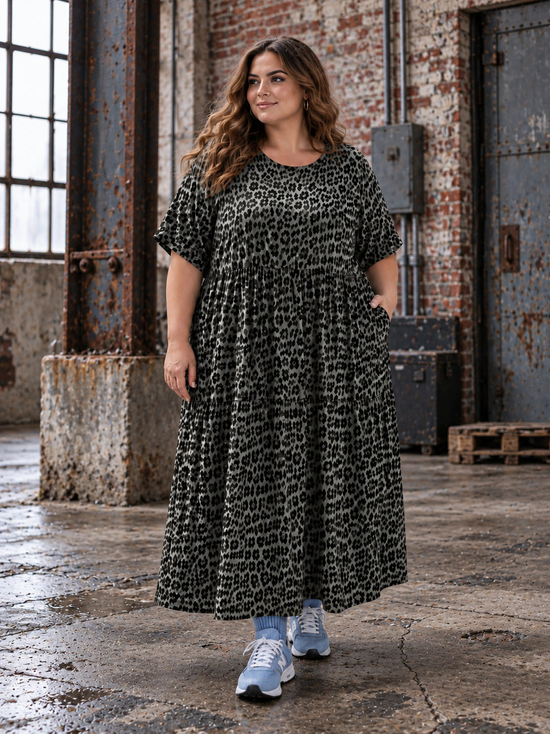 Lolli kjolen er den perfekte kombination af komfort og stil. Den flotte leopardprintede kjole har en løs og rummelig pasform, som falder smukt og giver masser af bevægelsesfrihed.

Designet med rund hals, korte løse ærmer og fine skæringer, der skaber et feminint og let udtryk. Den bløde og lette kvalitet gør kjolen behagelig at have på hele dagen, uanset om du skal på arbejde, cafébesøg eller til festlige lejligheder. billed er Ai generet