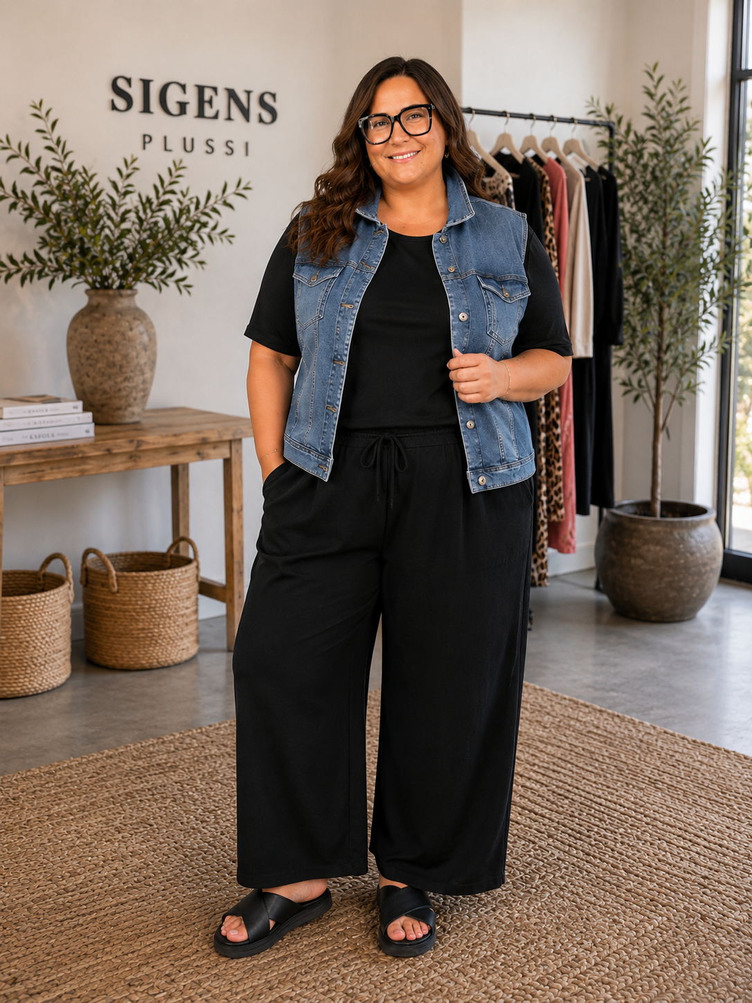 Only Carmakoma jeansvest i klassisk lyseblå denim med flot, figursyet pasform. Vesten har klassisk krave, knaplukning foran og brystlommer med knapper, som giver et moderne og råt udtryk. Den er perfekt over kjoler, T-shirts, tunikaer og bluser og tilfører ethvert outfit et smart lag-på-lag look. En alsidig plus size jeansvest, der er nem at style til både hverdag og fest. billed er ai generet