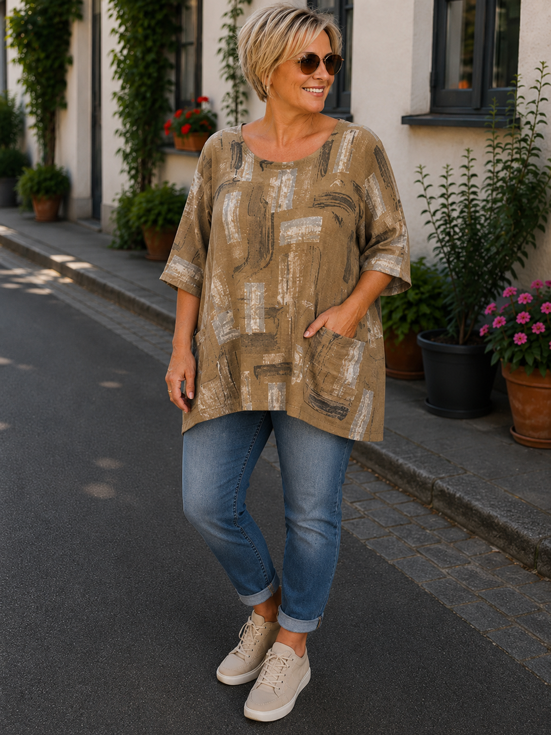 AI-genereret billede af Sille plussize bomuldstunika i let vævet bomuld med grafisk print, rund hals og lommer. Tunikaen vises på en plus-size model og fås i flere farver.